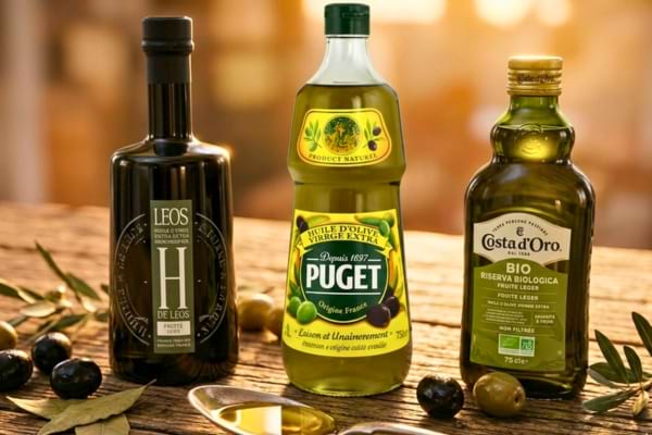trois belles bouteilles d'huile d'olive artisanale posées sur un plan de travail