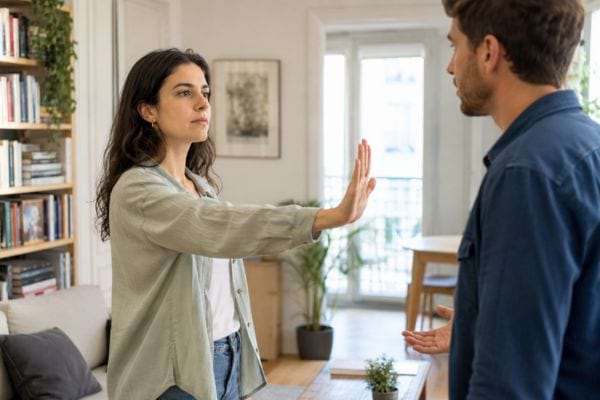 Femme posant une limite claire face à un homme chez elle