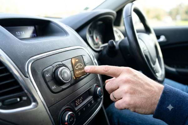 conducteur qui active le bouton recyclage d'air dans la voiture