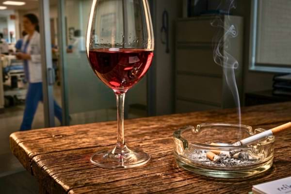 un verre de vin rouge à moitié plein à côté d'un cendrier avec une cigarette