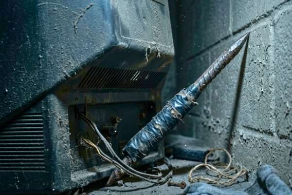 a makeshift weapon hidden behind a dusty old television set in a dim room