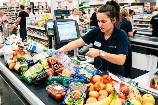 tapis de caisse mal rang&eacute; et caissi&egrave;re en col&egrave;re