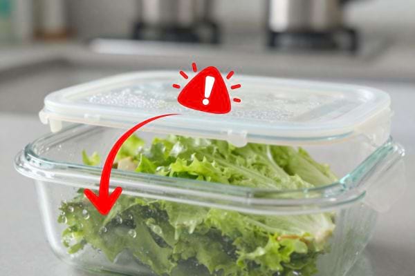 salade verte dans une bo&icirc;te herm&eacute;tique avec de la condensation