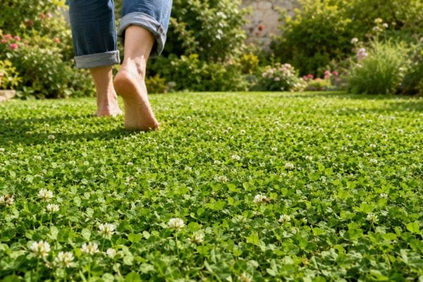 Une personne marche pieds nus sur une pelouse dense de tr&egrave;fle blanc nain dans un jardin ensoleill&eacute;.