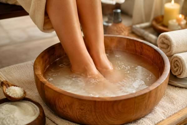 A relaxing foot bath in a traditional wooden basin filled with warm water and dissolving white powde
