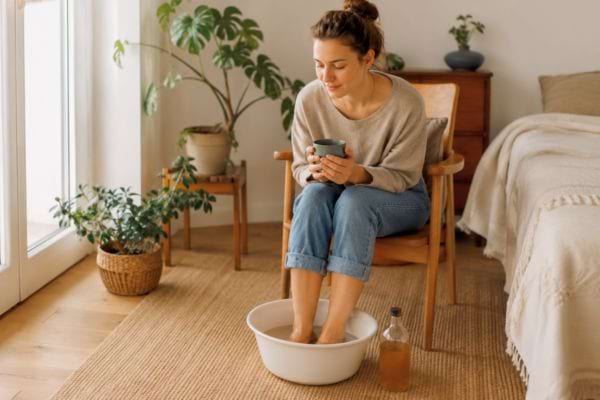 Femme relaxée avec les pieds dans une bassine au vinaigre de cidre
