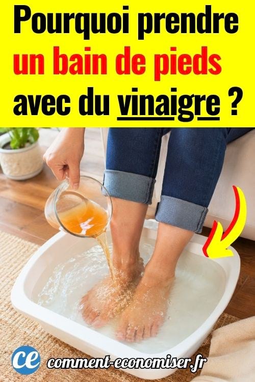 Pieds trempant dans une bassine avec du vinaigre versé dans l’eau