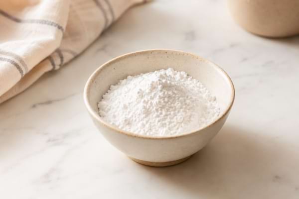 un petit bol en c&eacute;ramique contenant un m&eacute;lange de poudre blanche (bicarbonate et sucre glace),