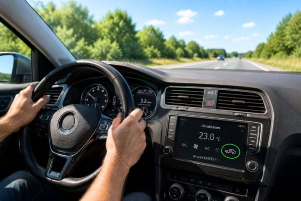 voiture sur route ensoleillée avec le thermomètre qui affiche 23 degrés
