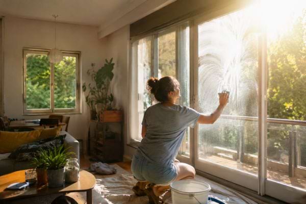 Femme badigeonnant une baie vitrée de blanc de Meudon en plein soleil