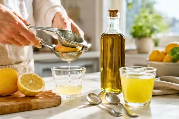 Citron press&eacute; dans un verre avec huile d&rsquo;olive en cuisine