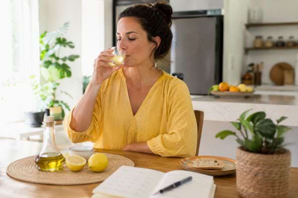 Femme buvant une boisson citron huile d&rsquo;olive le matin