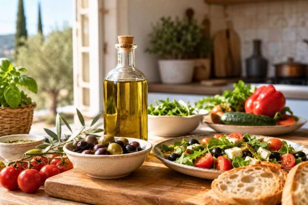 Huile d&rsquo;olive et salade m&eacute;diterran&eacute;enne sur une table