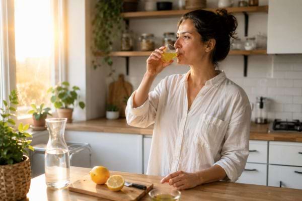 Femme buvant une boisson au citron dans une cuisine lumineuse