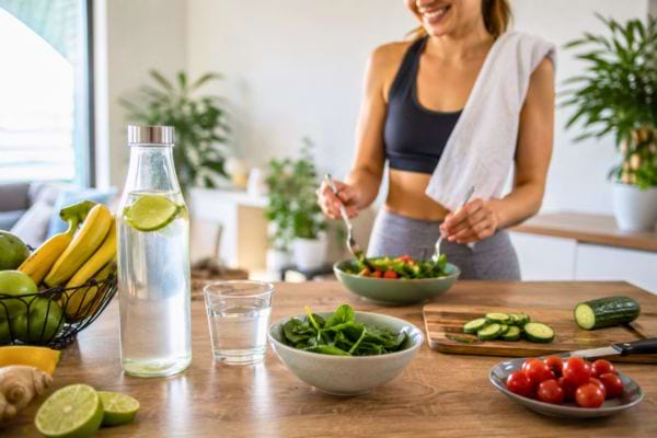 Femme pr&eacute;parant une salade saine avec l&eacute;gumes frais et eau citronn&eacute;e