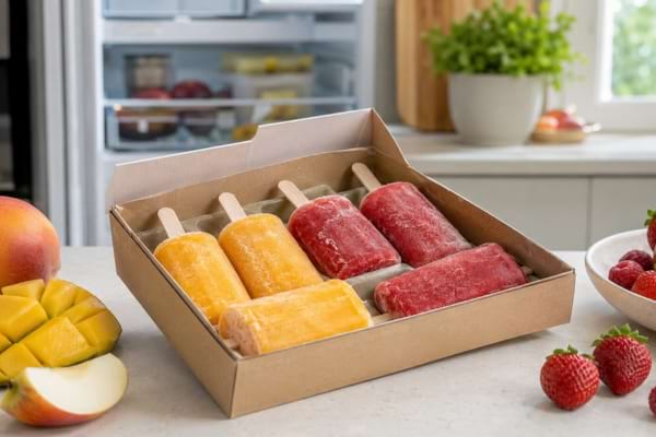 Boîte de six bâtonnets glacés aux fruits rouges et jaunes entourée de fruits frais.