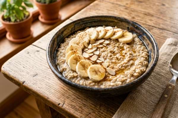Un bol en céramique contenant un porridge crémeux aux flocons d'avoine