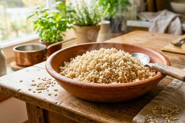 Un plat creux en terre cuite contenant du riz complet fumant