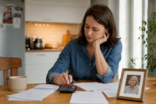 Femme calculant son budget familial &agrave; c&ocirc;t&eacute; de la photo de sa m&egrave;re &acirc;g&eacute;e.