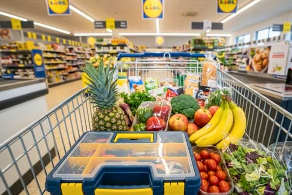 un caddie de supermarch&eacute; rempli de produits frais, de l&eacute;gumes color&eacute;s et d'une bo&icirc;te d'outillage de bricolage
