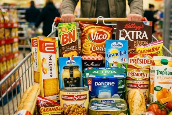 'un caddie de supermarch&eacute; rempli de produits industriels emball&eacute;s et color&eacute;s