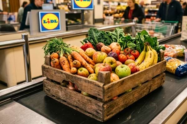 une belle cagette en bois rustique remplie de fruits et l&eacute;gumes frais l&eacute;g&egrave;rement imparfaits 