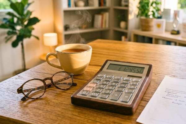 une calculatrice posée sur une table en bois massif