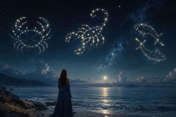 Femme face &agrave; la mer sous les constellations du Cancer, du Scorpion et des Poissons.