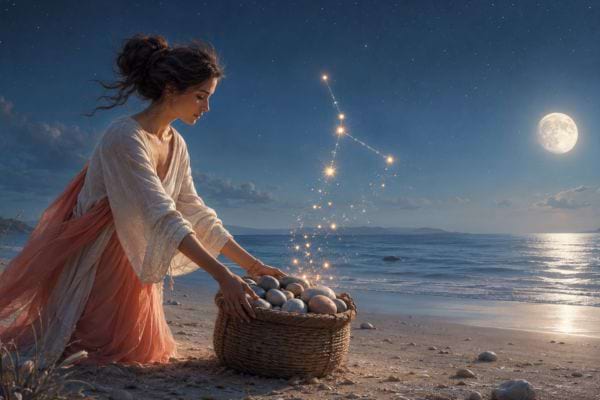 Une femme d&eacute;pose un panier de pierres sur la plage pour symboliser le l&acirc;cher-prise.