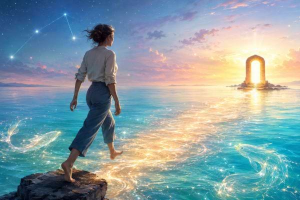 Une femme suit un chemin lumineux sur l&rsquo;eau vers une porte ouverte sur l&rsquo;avenir.