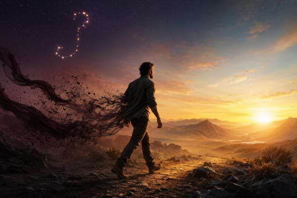 Un homme se lib&egrave;re des ombres du pass&eacute; et avance vers un horizon lumineux.