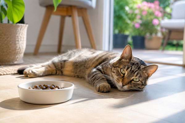 chat gris devant une gamelle de croquette en pleine chaleur