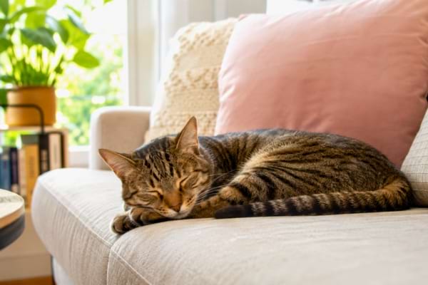 Un chat tigr&eacute; endormi paisiblement sur un canap&eacute; confortable dans un salon