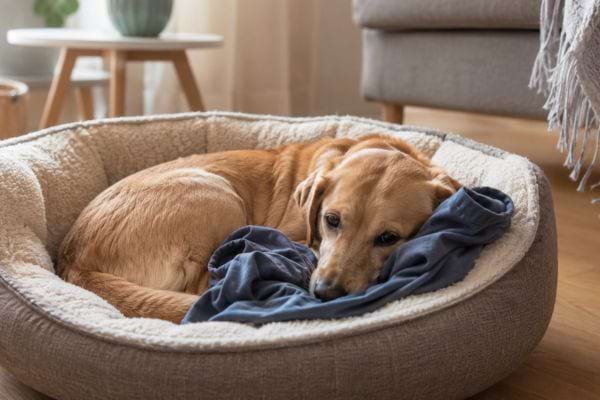 Chien blotti dans son panier contre un tee-shirt portant l’odeur de son maître.