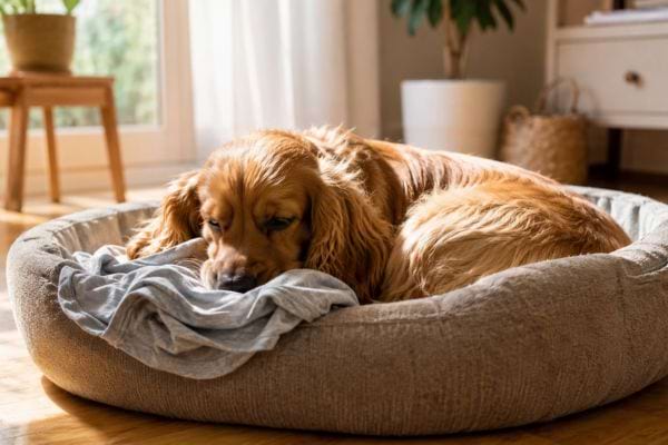 Chien détendu avec jouet à mâcher, tapis de fouille et vêtement dans son panier.