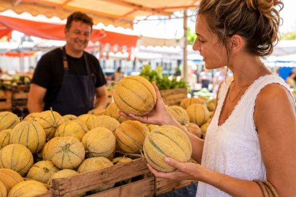 Femme comparant deux melons mûrs sur un marché, sous le regard souriant du maraîcher.