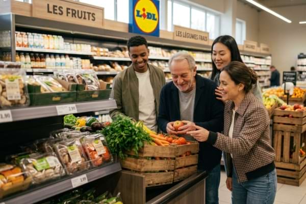 clients affichant des expressions de surprise et de joie en d&eacute;couvrant une cagette cach&eacute;e de l&eacute;gumes frais