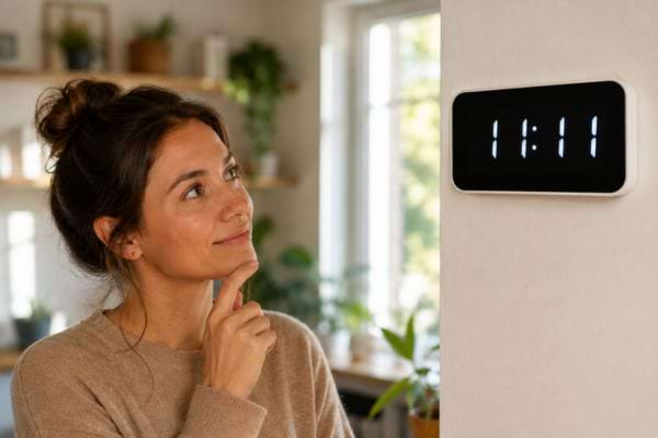 femme qui regarde la pendule qui marque 11h11