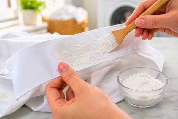 A crisp white shirt collar being treated with a white powder paste in a bright laundry room