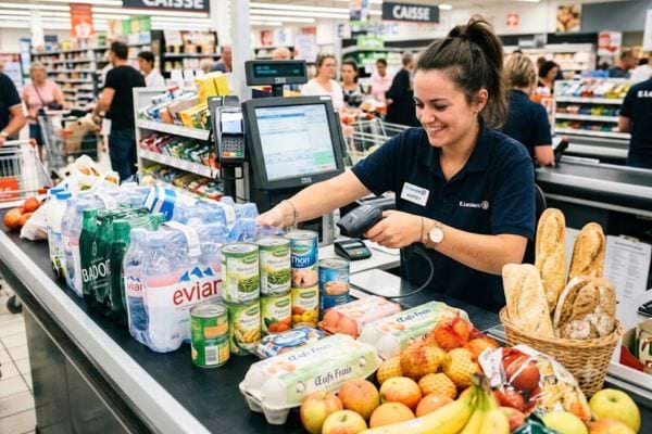 tapis de caisse bien organis&eacute; avec des articles rang&eacute;s, caissi&egrave;re heureuse