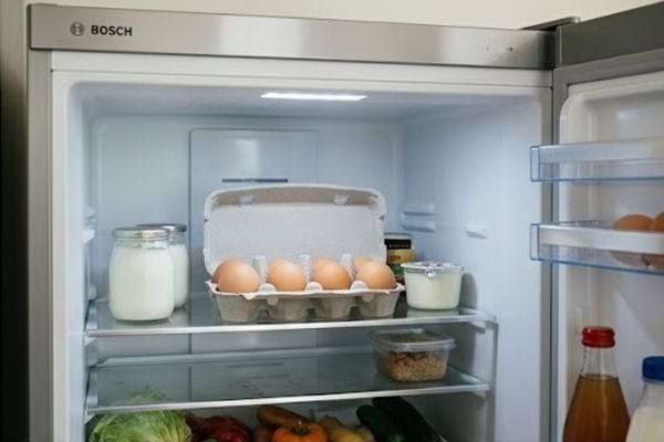 Oeufs rangés dans une boite en carton au milieu du frigo