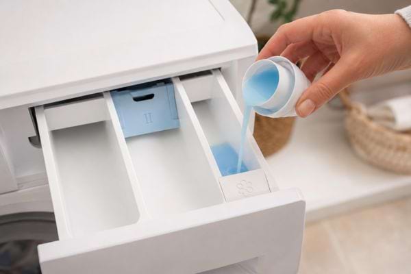 Adoucissant bleu vers&eacute; dans le troisi&egrave;me compartiment du lave-linge marqu&eacute; d&rsquo;une fleur.