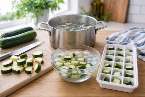 Courgettes coupées, blanchies puis plongées dans l’eau glacée avant leur congélation.