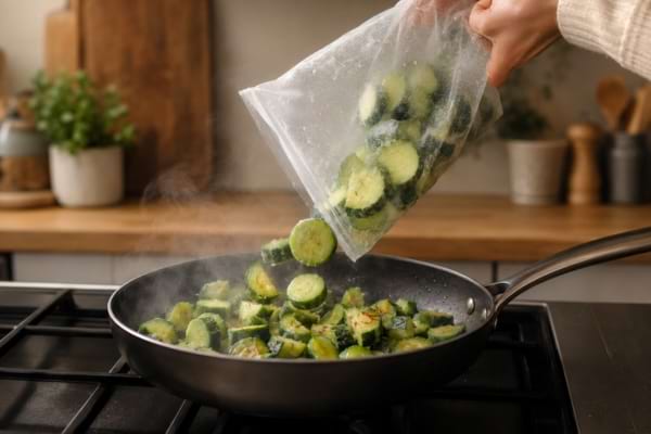 Courgettes encore congelées versées directement dans une poêle chaude.