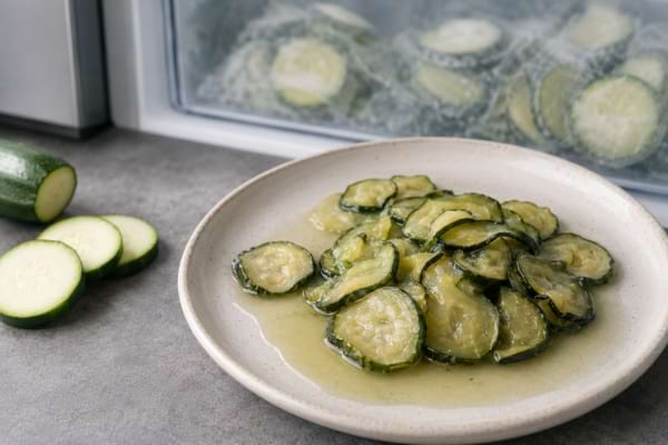 Rondelles de courgettes décongelées, molles et gorgées d’eau dans une assiette.