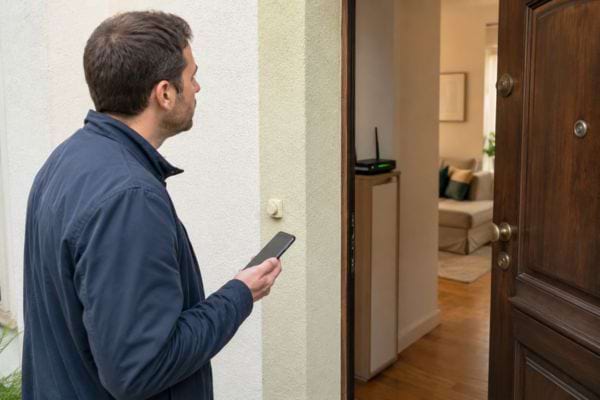 Un visiteur attend devant une porte avec son téléphone pour accéder au réseau Wi-Fi du logement.