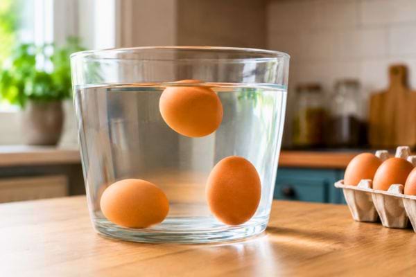 &OElig;ufs plong&eacute;s dans un verre d&rsquo;eau pour tester leur fra&icirc;cheur