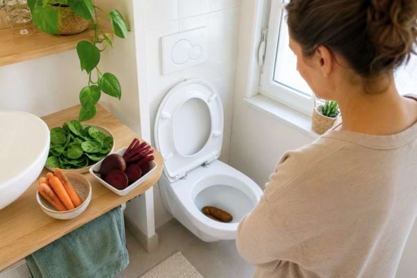 Femme observant ses selles aux toilettes avec l&eacute;gumes riches en fibres &agrave; c&ocirc;t&eacute;