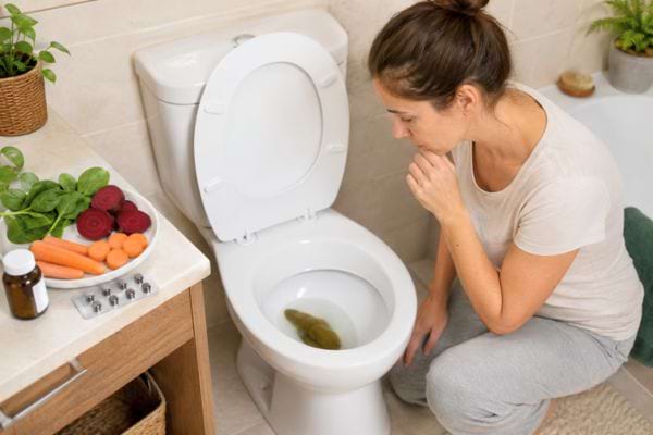 Femme inqui&egrave;te regardant la couleur de ses selles dans les toilettes