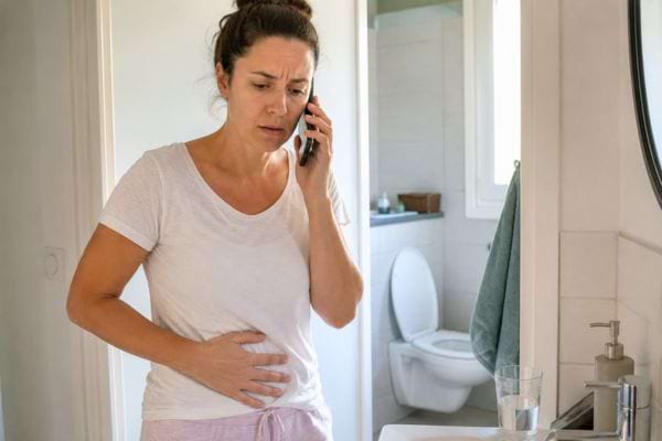 Femme ayant mal au ventre et appelant un m&eacute;decin depuis la salle de bain